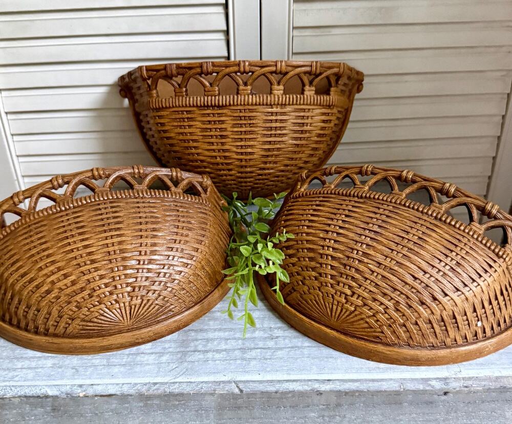 Vintage 1978 Homco Wall Pockets Set of 3 | Faux Wicker Basket Wall Decor